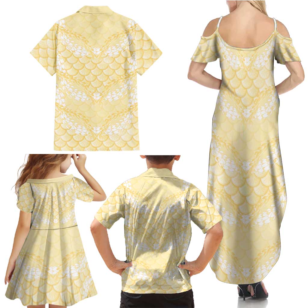 Pastel Yellow Mermaid Puakenikeni Maile Lei Family Matching Summer Maxi Dress and Hawaiian Shirt