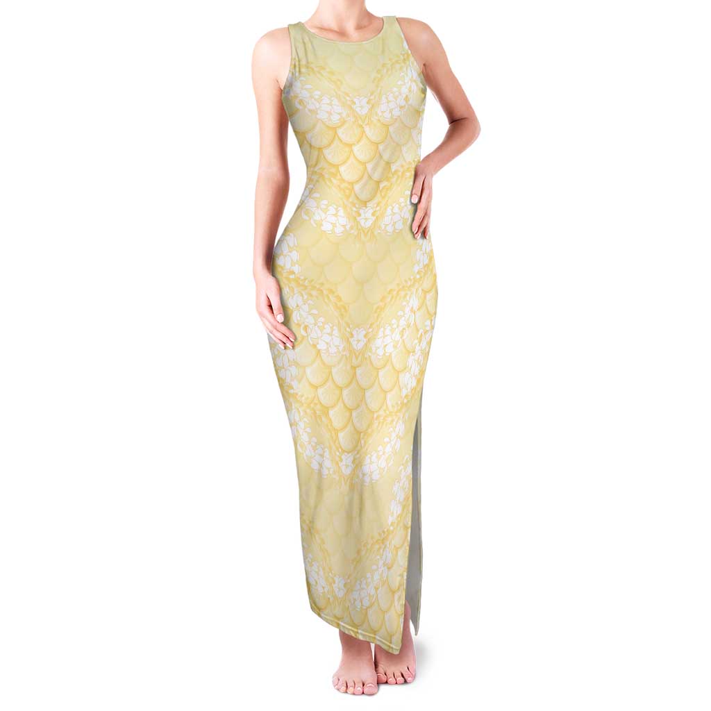 Pastel Yellow Mermaid Puakenikeni Maile Lei Family Matching Tank Maxi Dress and Hawaiian Shirt