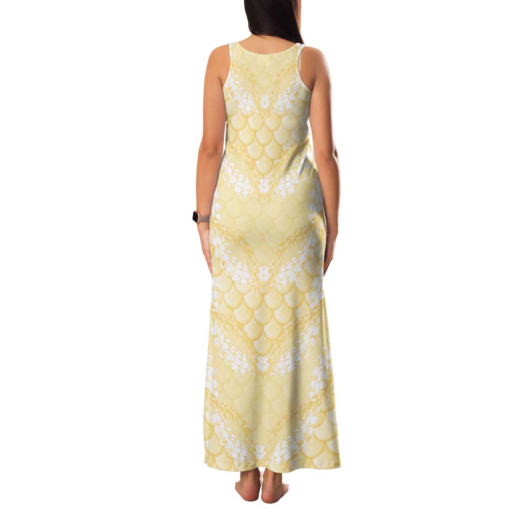 Pastel Yellow Mermaid Puakenikeni Maile Lei Family Matching Tank Maxi Dress and Hawaiian Shirt