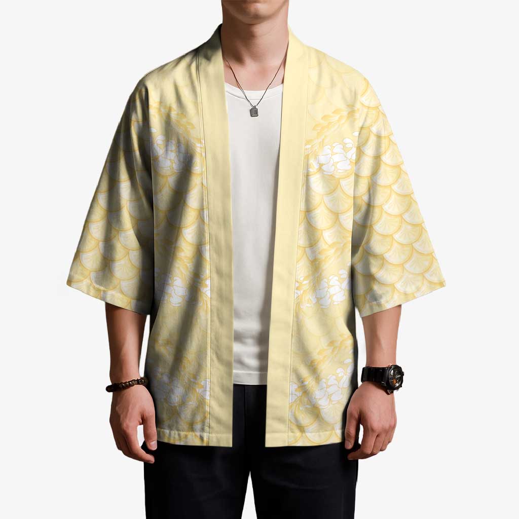 Pastel Yellow Mermaid Puakenikeni Maile Lei Kimono