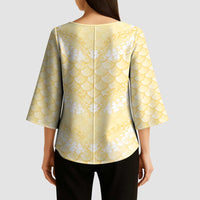 Pastel Yellow Mermaid Puakenikeni Maile Lei Kimono Sleeve Blouse