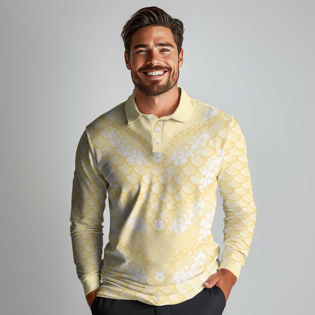 Pastel Yellow Mermaid Puakenikeni Maile Lei Long Sleeve Polo Shirt