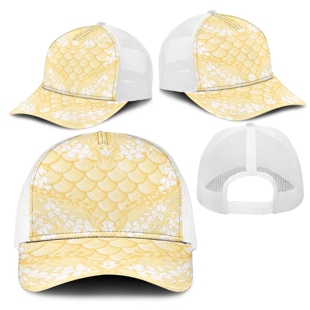 Pastel Yellow Mermaid Puakenikeni Maile Lei Mesh Trucker Cap
