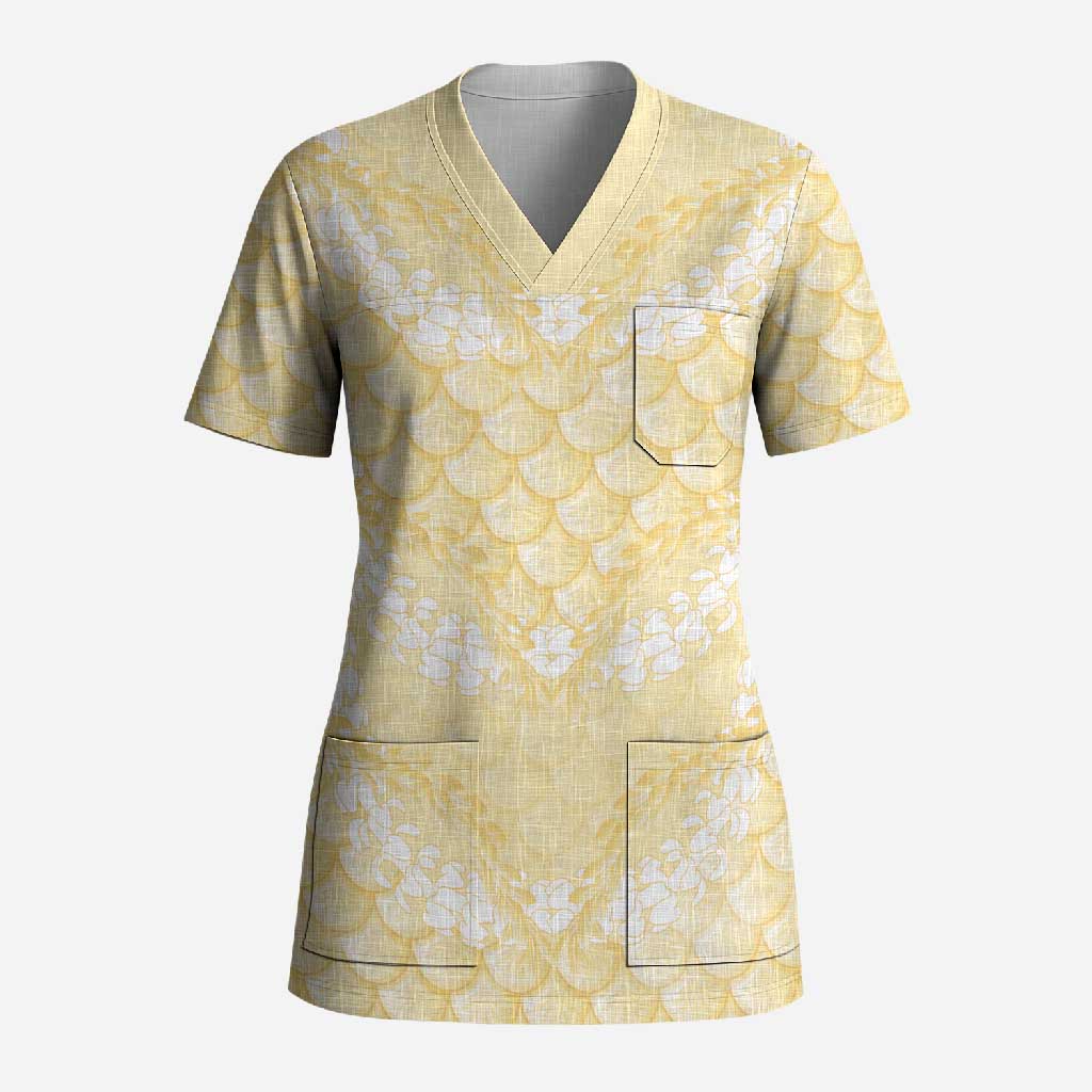 Pastel Yellow Mermaid Puakenikeni Maile Lei Scrub Top
