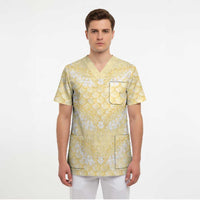 Pastel Yellow Mermaid Puakenikeni Maile Lei Scrub Top