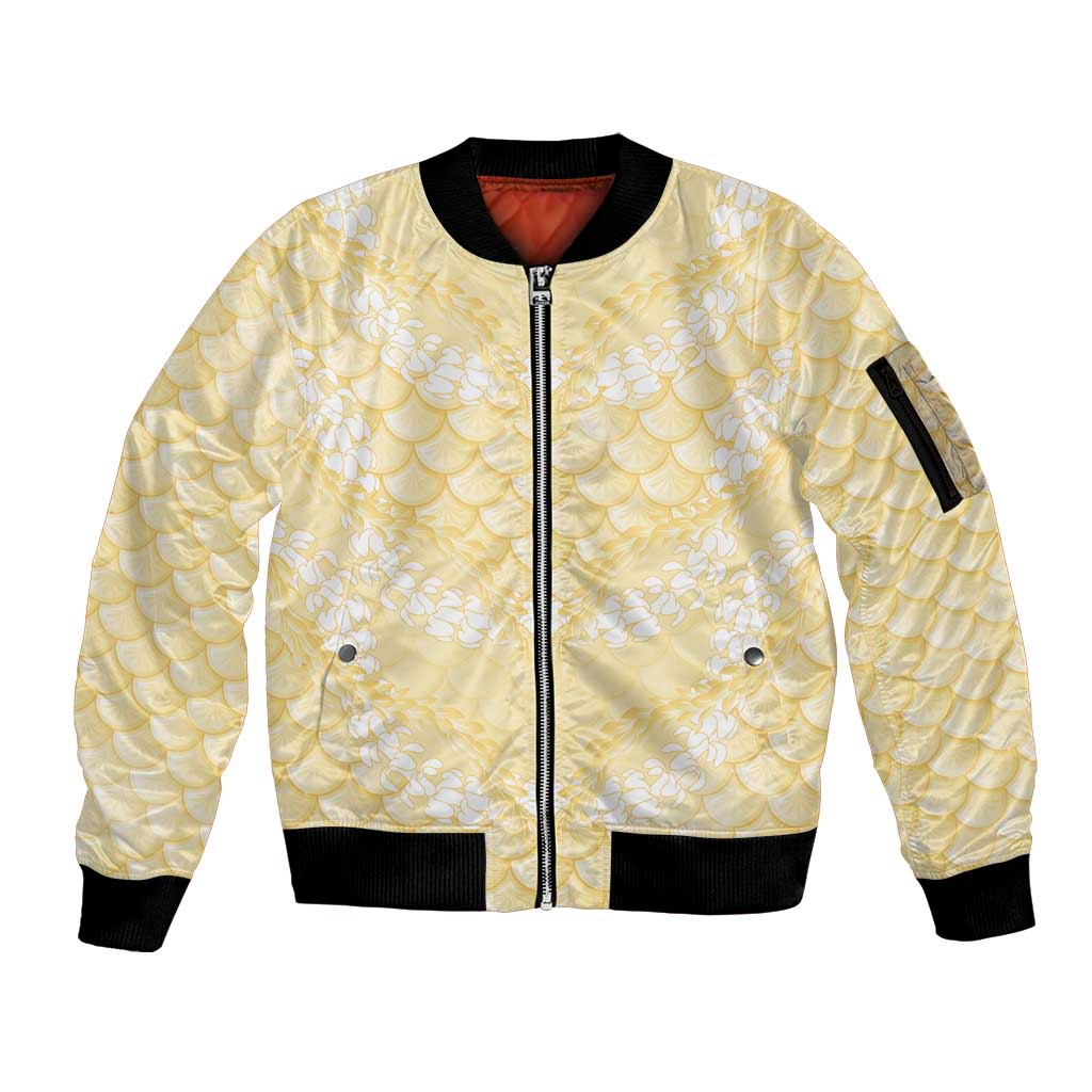 Pastel Yellow Mermaid Puakenikeni Maile Lei Sleeve Zip Bomber Jacket
