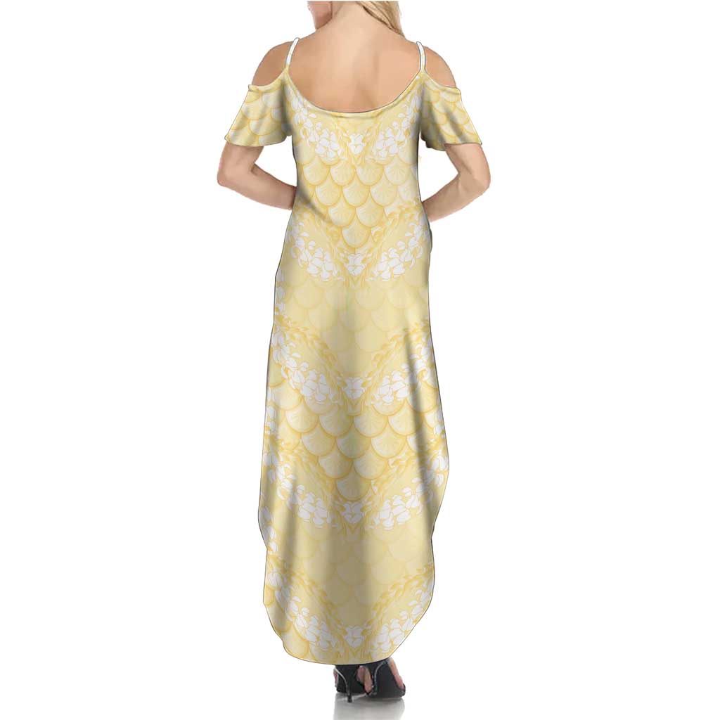 Pastel Yellow Mermaid Puakenikeni Maile Lei Summer Maxi Dress