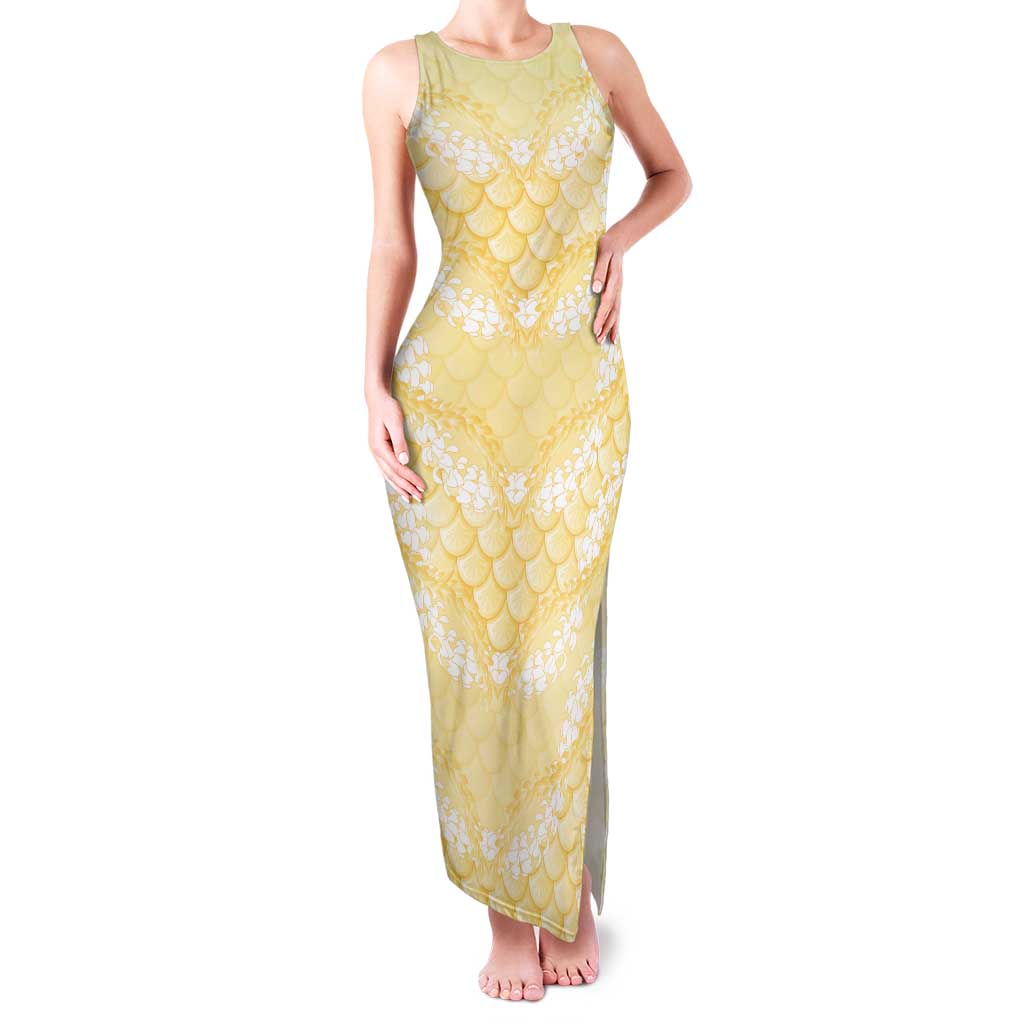 Pastel Yellow Mermaid Puakenikeni Maile Lei Tank Maxi Dress