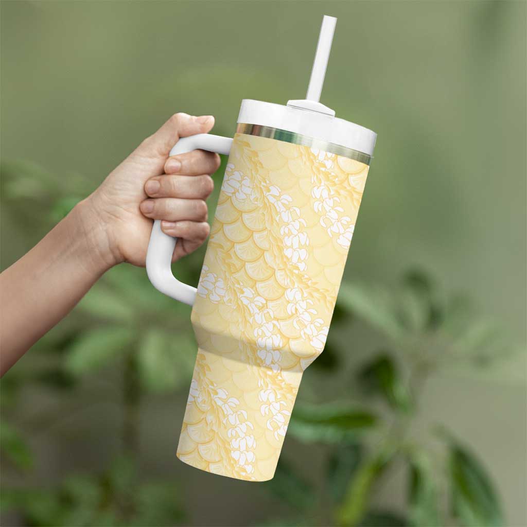 Pastel Yellow Mermaid Puakenikeni Maile Lei Tumbler With Handle LT01 - Polynesian Pride