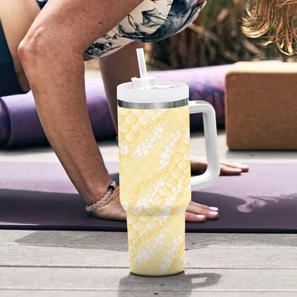 Pastel Yellow Mermaid Puakenikeni Maile Lei Tumbler With Handle LT01 - Polynesian Pride