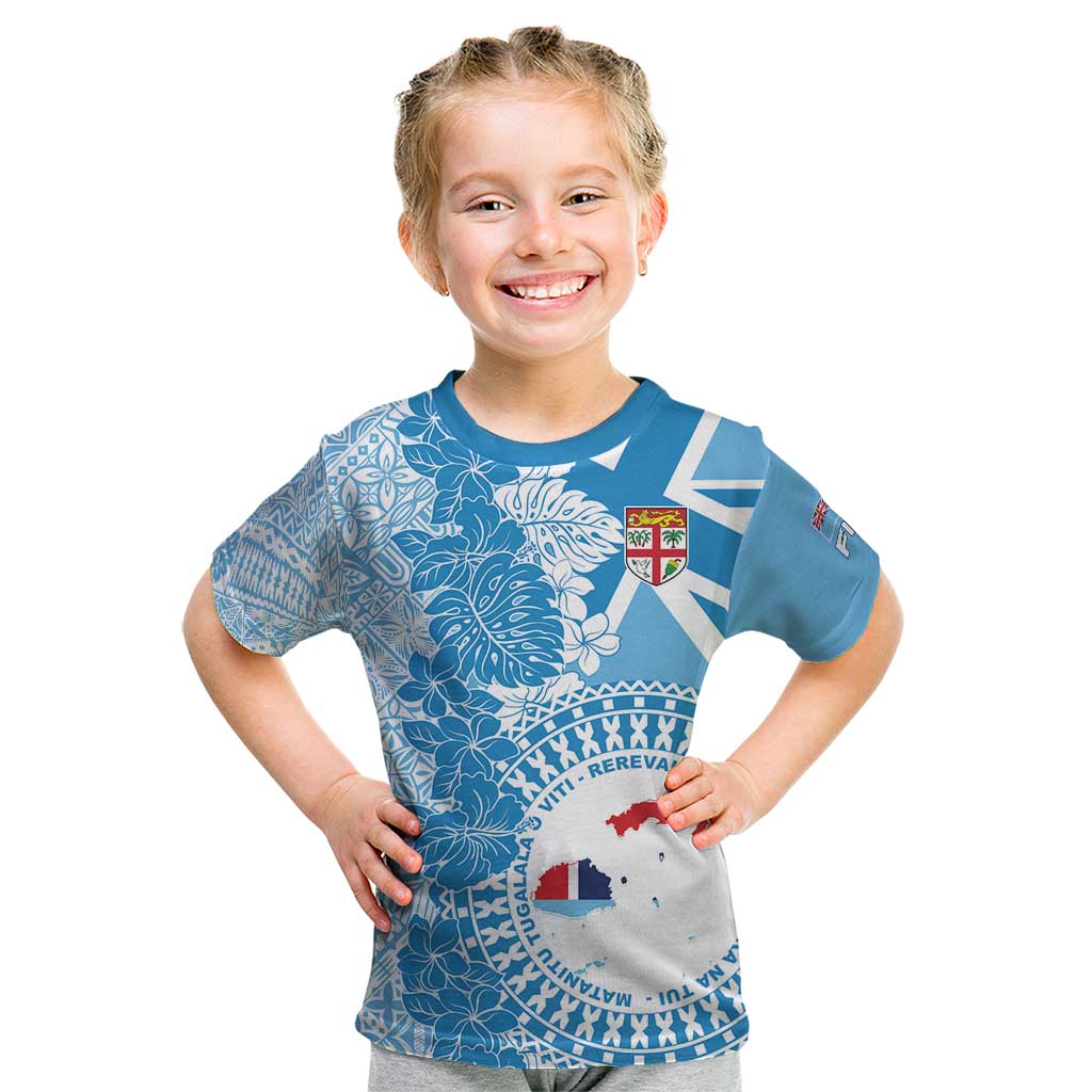 Personalised Fiji Day Kid T Shirt Fijian Map Hibiscus Tapa Pattern LT01 Blue - Polynesian Pride