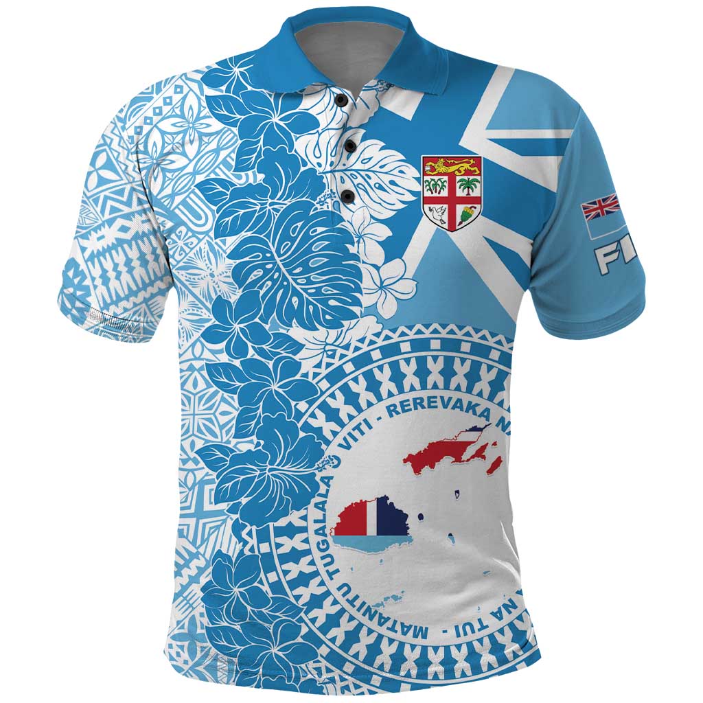 Personalised Fiji Day Polo Shirt Fijian Map Hibiscus Tapa Pattern LT01 Blue - Polynesian Pride