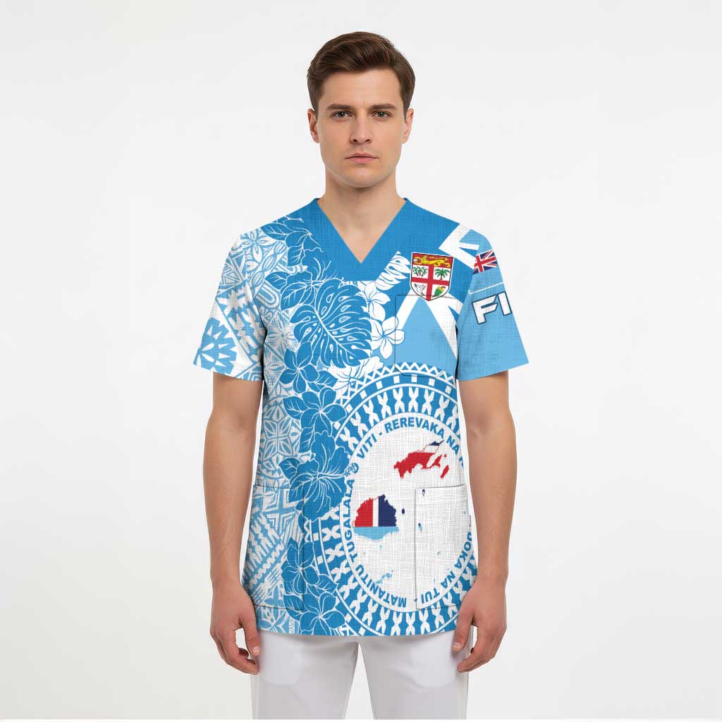 Personalised Fiji Day Scrub Top Fijian Map Hibiscus Tapa Pattern - Polynesian Pride