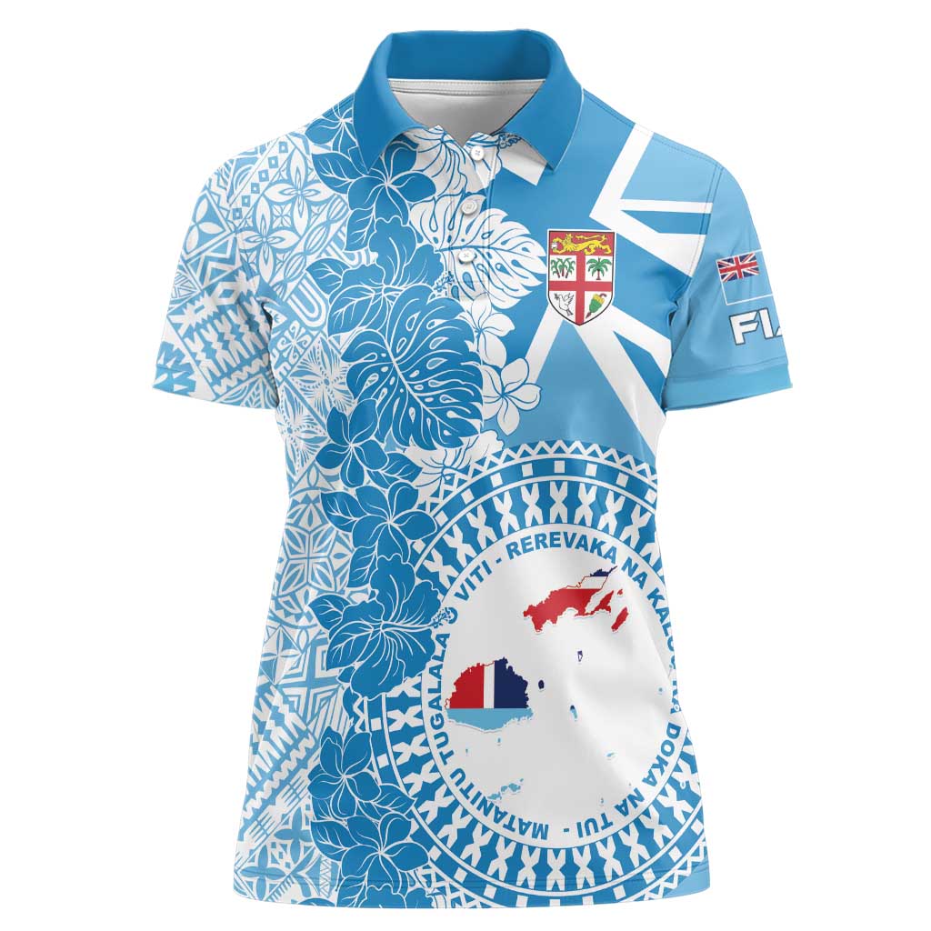 Personalised Fiji Day Women Polo Shirt Fijian Map Hibiscus Tapa Pattern LT01 Female Blue - Polynesian Pride