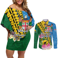 Personalised Malampa Fiji Day Couples Matching Off Shoulder Short Dress and Long Sleeve Button Shirt Tropical Tapa Pattern