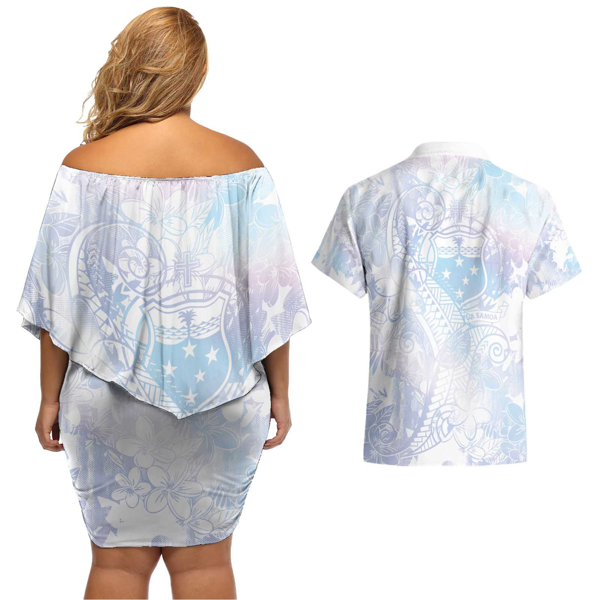 Samoa White Sunday Couples Matching Off Shoulder Short Dress and Hawaiian Shirt Sweet Pastel Plumeria Floral