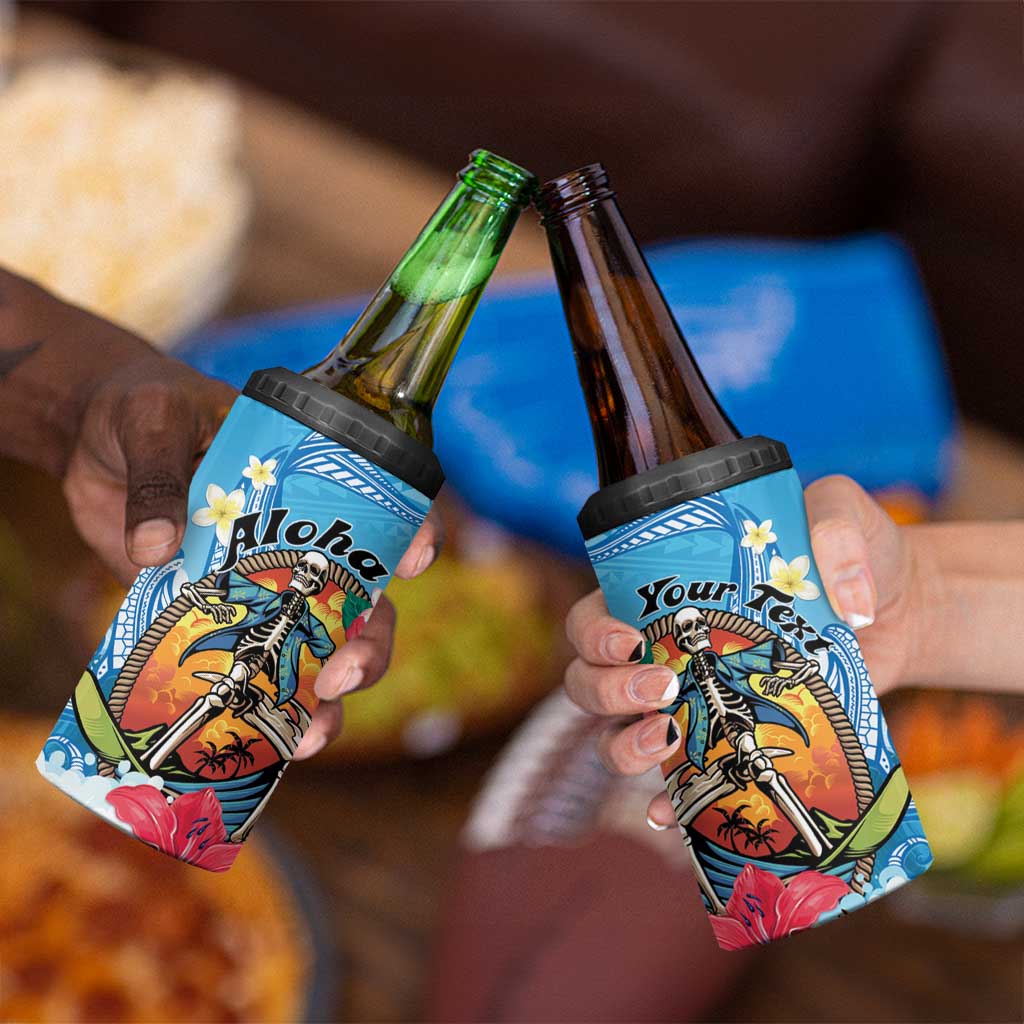Personalized Aloha Hawaii Skeleton Surfing 4 in 1 Can Cooler Tumbler Tribal Shark Plumeria