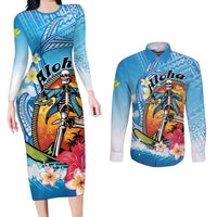 Personalized Aloha Hawaii Skeleton Surfing Couples Matching Long Sleeve Bodycon Dress and Long Sleeve Button Shirt Tribal Shark Plumeria