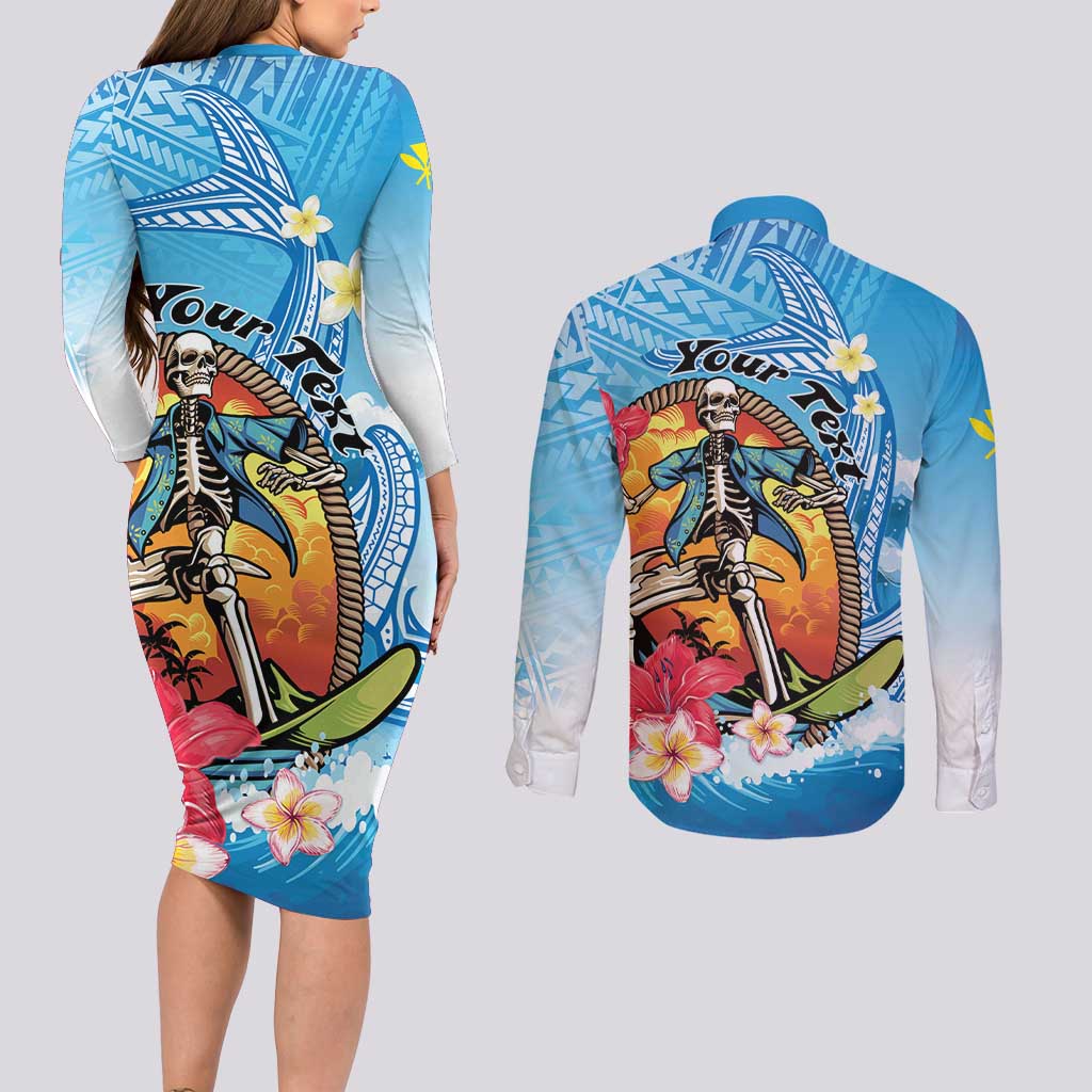 Personalized Aloha Hawaii Skeleton Surfing Couples Matching Long Sleeve Bodycon Dress and Long Sleeve Button Shirt Tribal Shark Plumeria