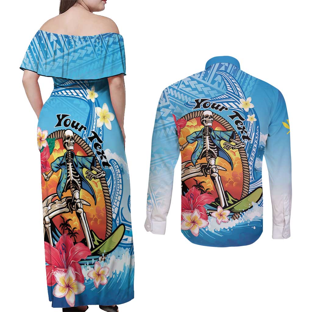 Personalized Aloha Hawaii Skeleton Surfing Couples Matching Off Shoulder Maxi Dress and Long Sleeve Button Shirt Tribal Shark Plumeria