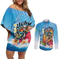 Personalized Aloha Hawaii Skeleton Surfing Couples Matching Off Shoulder Short Dress and Long Sleeve Button Shirt Tribal Shark Plumeria