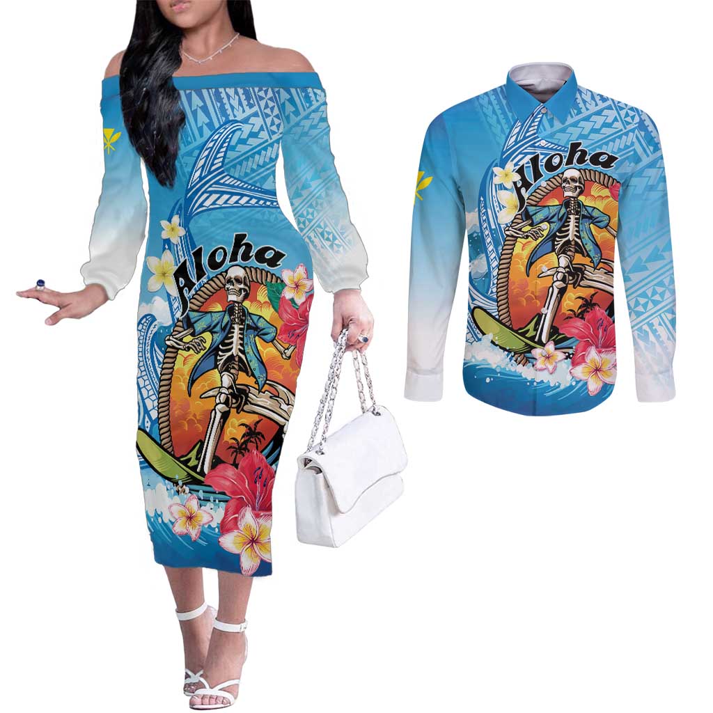 Personalized Aloha Hawaii Skeleton Surfing Couples Matching Off The Shoulder Long Sleeve Dress and Long Sleeve Button Shirt Tribal Shark Plumeria