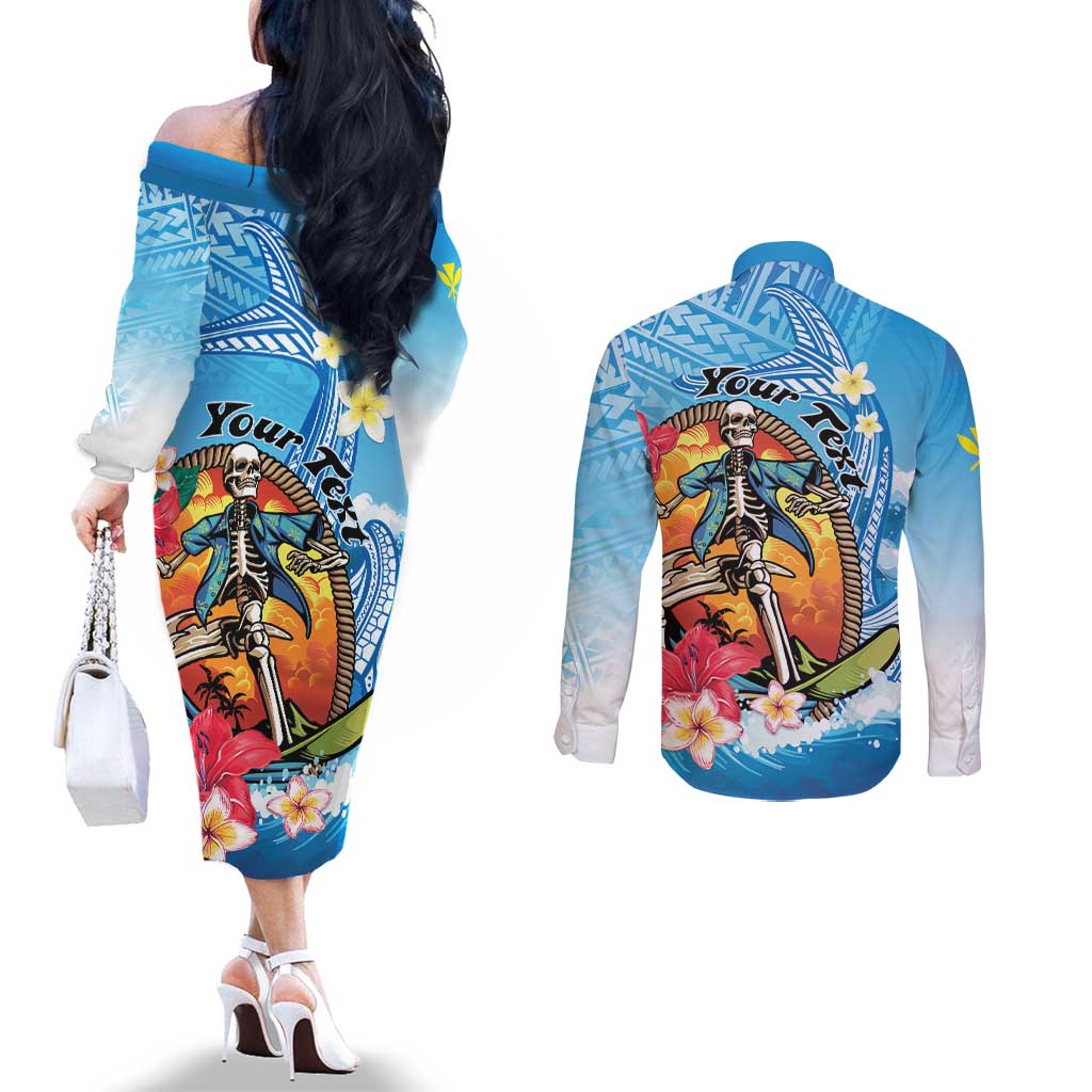 Personalized Aloha Hawaii Skeleton Surfing Couples Matching Off The Shoulder Long Sleeve Dress and Long Sleeve Button Shirt Tribal Shark Plumeria