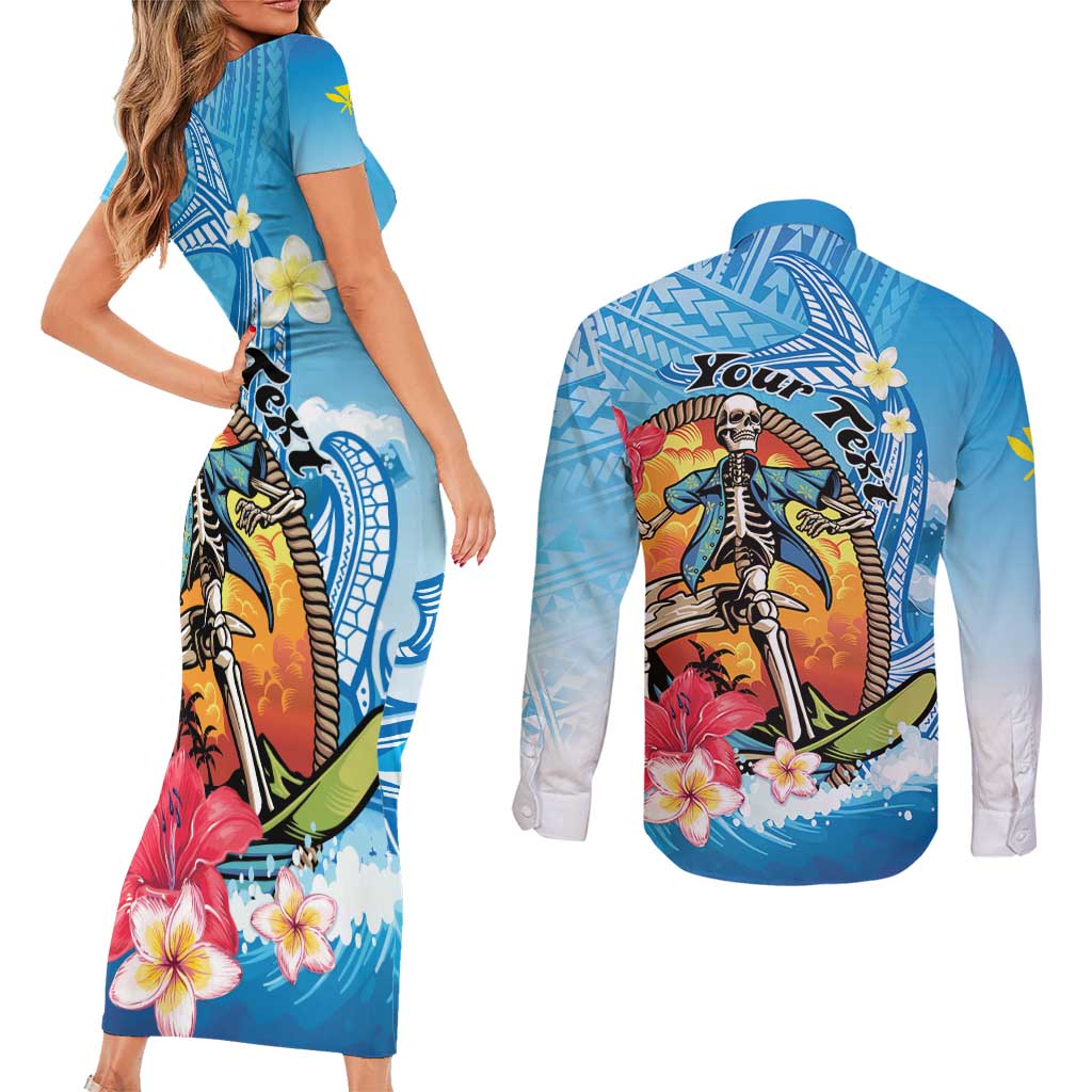 Personalized Aloha Hawaii Skeleton Surfing Couples Matching Short Sleeve Bodycon Dress and Long Sleeve Button Shirt Tribal Shark Plumeria