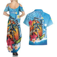 Personalized Aloha Hawaii Skeleton Surfing Couples Matching Summer Maxi Dress and Hawaiian Shirt Tribal Shark Plumeria