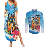 Personalized Aloha Hawaii Skeleton Surfing Couples Matching Summer Maxi Dress and Long Sleeve Button Shirt Tribal Shark Plumeria