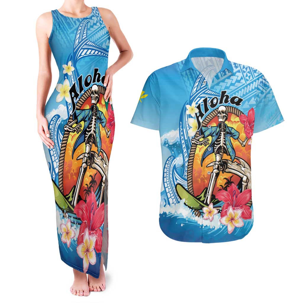 Personalized Aloha Hawaii Skeleton Surfing Couples Matching Tank Maxi Dress and Hawaiian Shirt Tribal Shark Plumeria