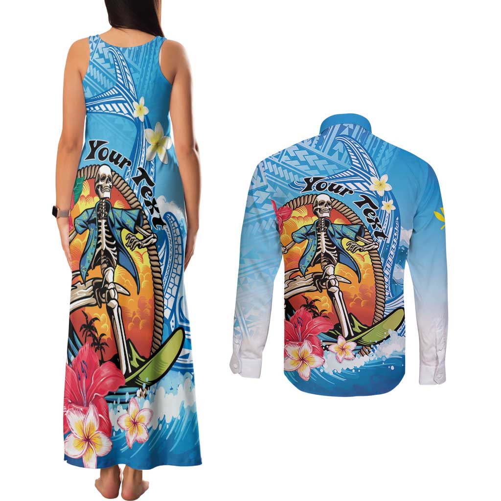 Personalized Aloha Hawaii Skeleton Surfing Couples Matching Tank Maxi Dress and Long Sleeve Button Shirt Tribal Shark Plumeria