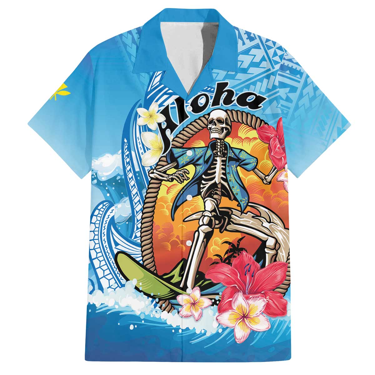 Personalized Aloha Hawaii Skeleton Surfing Family Matching Off Shoulder Short Dress and Hawaiian Shirt Tribal Shark Plumeria