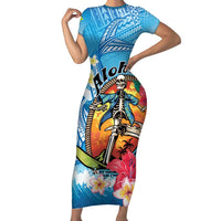 Personalized Aloha Hawaii Skeleton Surfing Family Matching Short Sleeve Bodycon Dress and Hawaiian Shirt Tribal Shark Plumeria