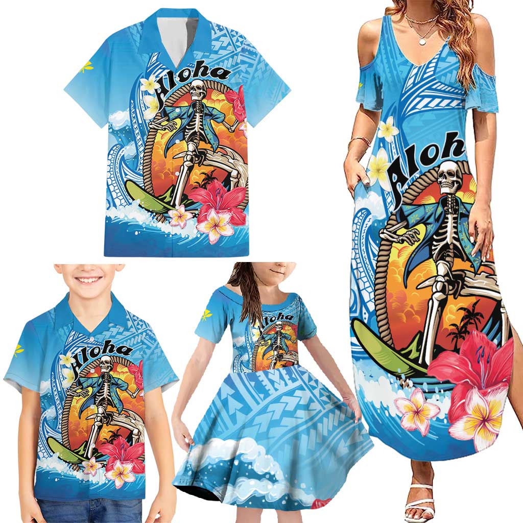 Personalized Aloha Hawaii Skeleton Surfing Family Matching Summer Maxi Dress and Hawaiian Shirt Tribal Shark Plumeria