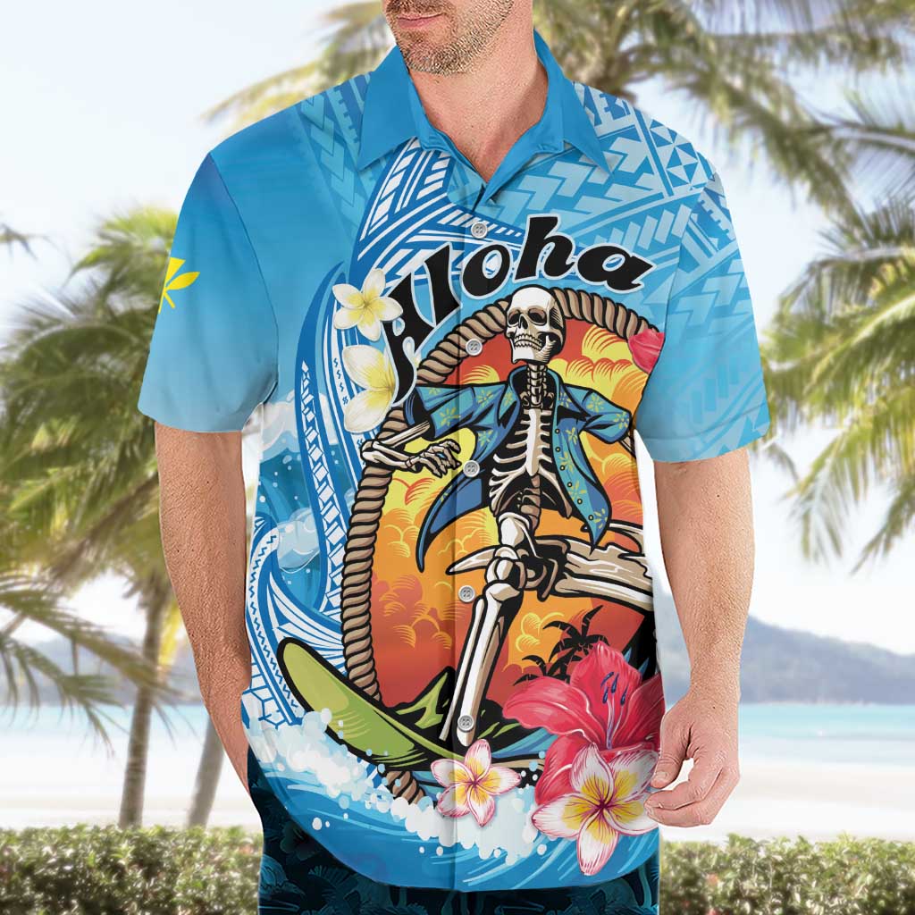 Personalized Aloha Hawaii Skeleton Surfing Hawaiian Shirt Tribal Shark Plumeria