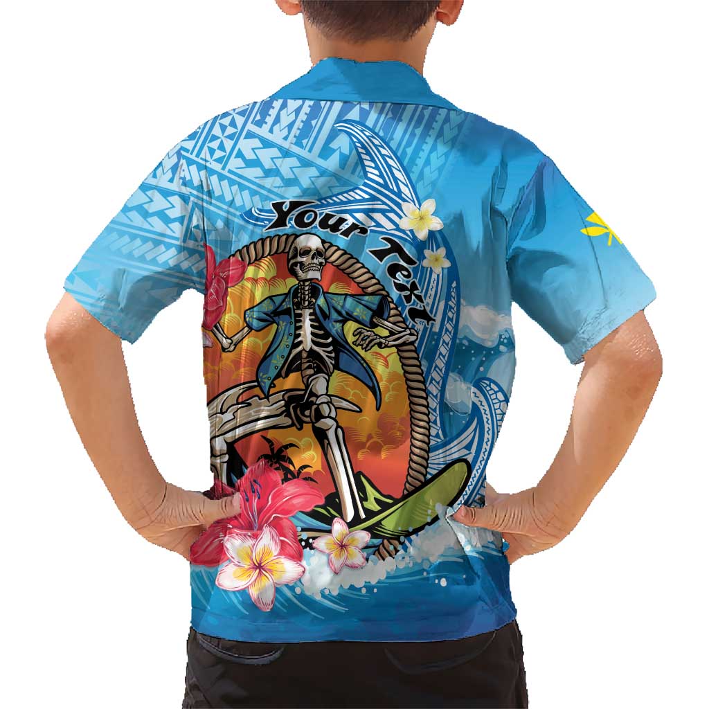 Personalized Aloha Hawaii Skeleton Surfing Kid Hawaiian Shirt Tribal Shark Plumeria