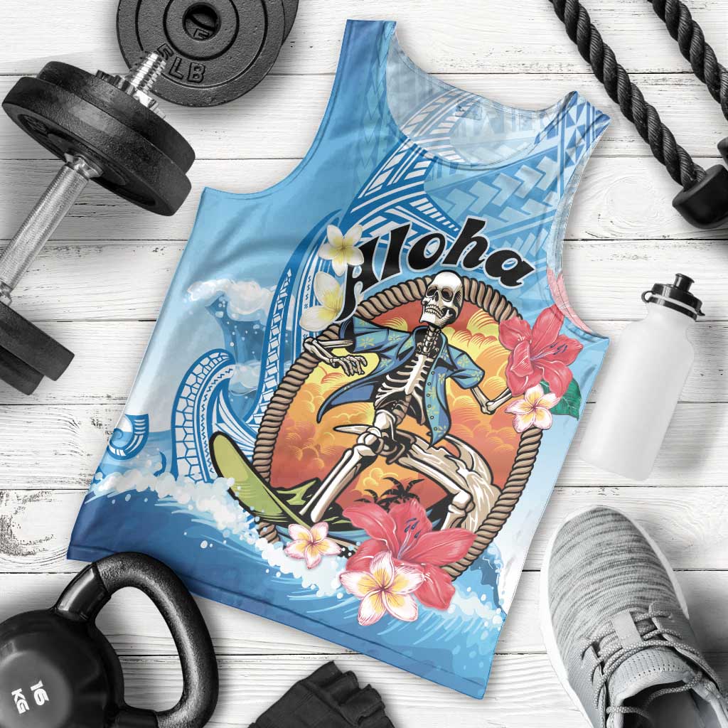 Personalized Aloha Hawaii Skeleton Surfing Men Tank Top Tribal Shark Plumeria