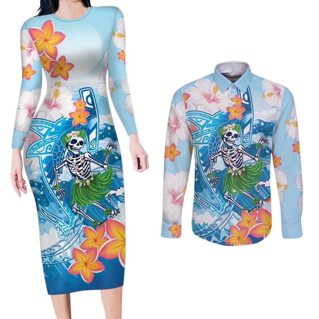Personalized Hawaii Hula Girl Skeleton Dancing Couples Matching Long Sleeve Bodycon Dress and Long Sleeve Button Shirt Hibiscus Tribal Shark