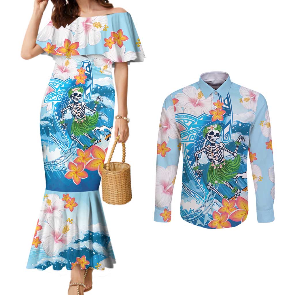 Personalized Hawaii Hula Girl Skeleton Dancing Couples Matching Mermaid Dress and Long Sleeve Button Shirt Hibiscus Tribal Shark