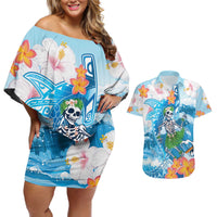Personalized Hawaii Hula Girl Skeleton Dancing Couples Matching Off Shoulder Short Dress and Hawaiian Shirt Hibiscus Tribal Shark