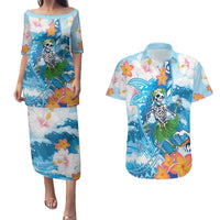 Personalized Hawaii Hula Girl Skeleton Dancing Couples Matching Puletasi and Hawaiian Shirt Hibiscus Tribal Shark