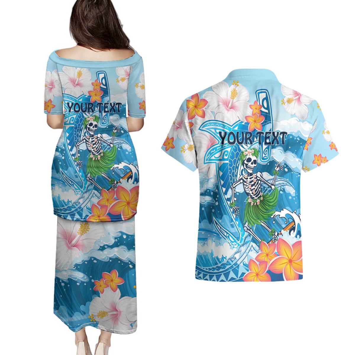 Personalized Hawaii Hula Girl Skeleton Dancing Couples Matching Puletasi and Hawaiian Shirt Hibiscus Tribal Shark