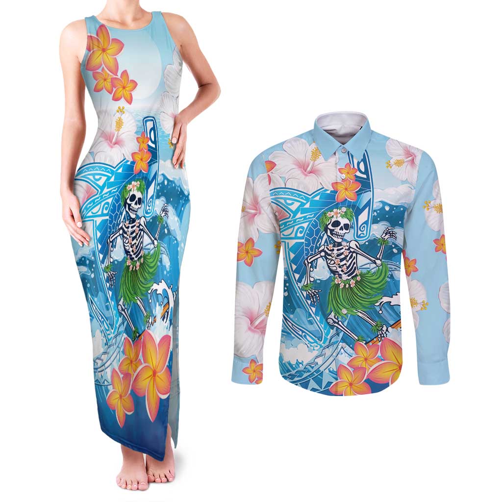 Personalized Hawaii Hula Girl Skeleton Dancing Couples Matching Tank Maxi Dress and Long Sleeve Button Shirt Hibiscus Tribal Shark