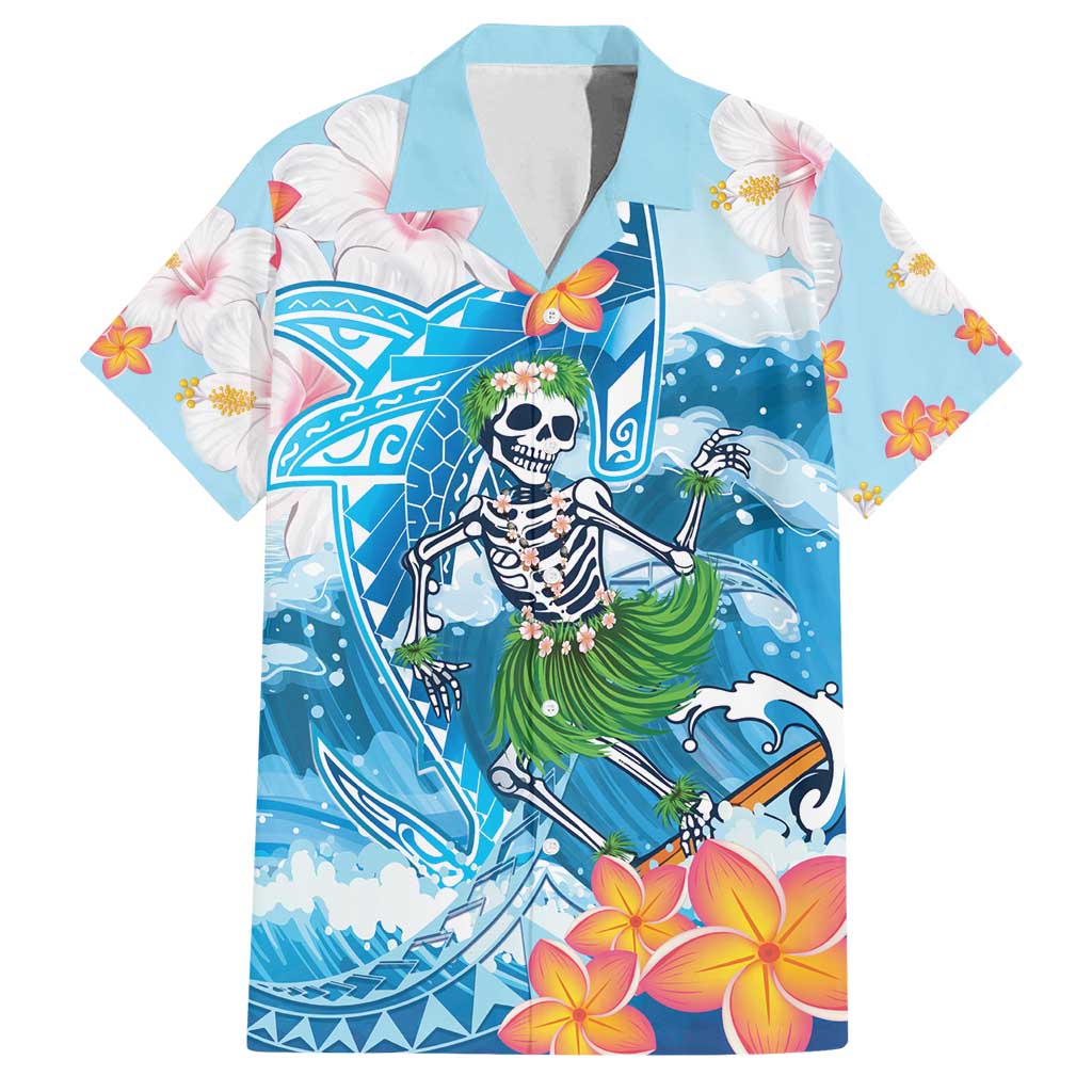 Personalized Hawaii Hula Girl Skeleton Dancing Family Matching Long Sleeve Bodycon Dress and Hawaiian Shirt Hibiscus Tribal Shark