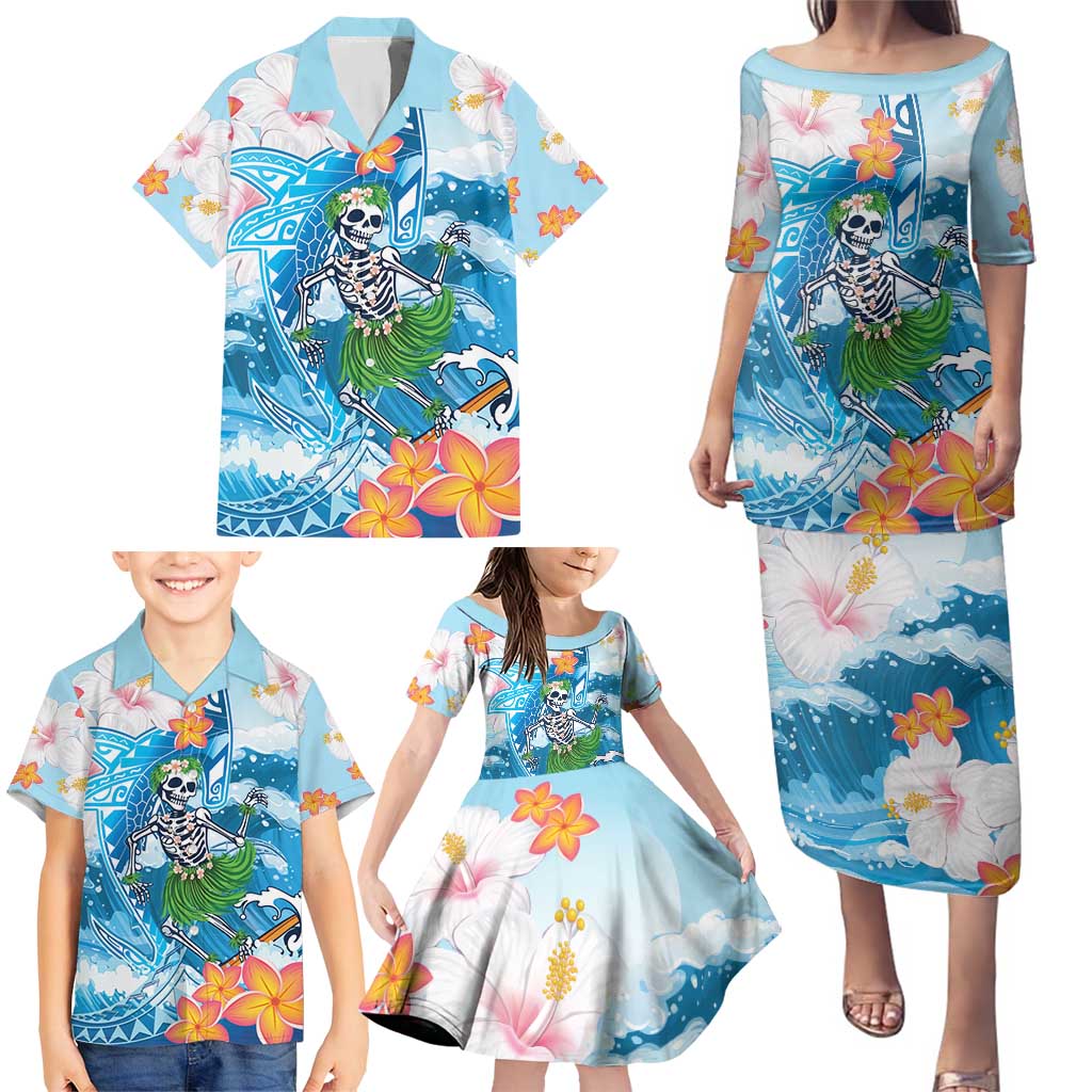 Personalized Hawaii Hula Girl Skeleton Dancing Family Matching Puletasi and Hawaiian Shirt Hibiscus Tribal Shark