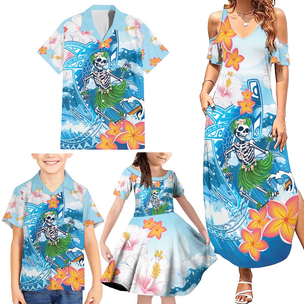 Personalized Hawaii Hula Girl Skeleton Dancing Family Matching Summer Maxi Dress and Hawaiian Shirt Hibiscus Tribal Shark