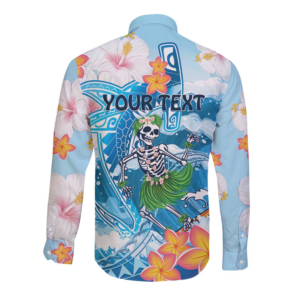 Personalized Hawaii Hula Girl Skeleton Dancing Long Sleeve Button Shirt Hibiscus Tribal Shark