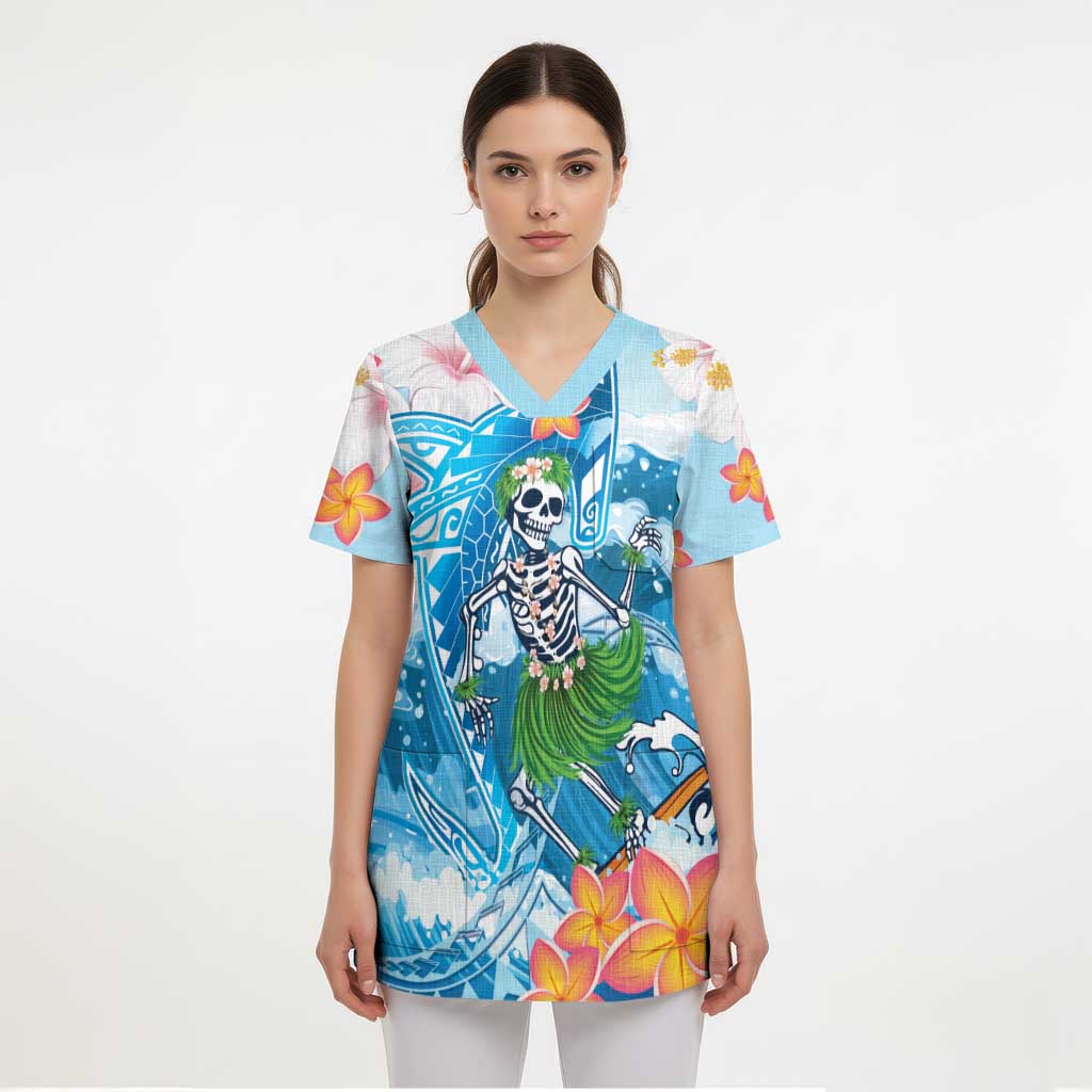 Personalized Hawaii Hula Girl Skeleton Dancing Scrub Top Hibiscus Tribal Shark - Polynesian Pride