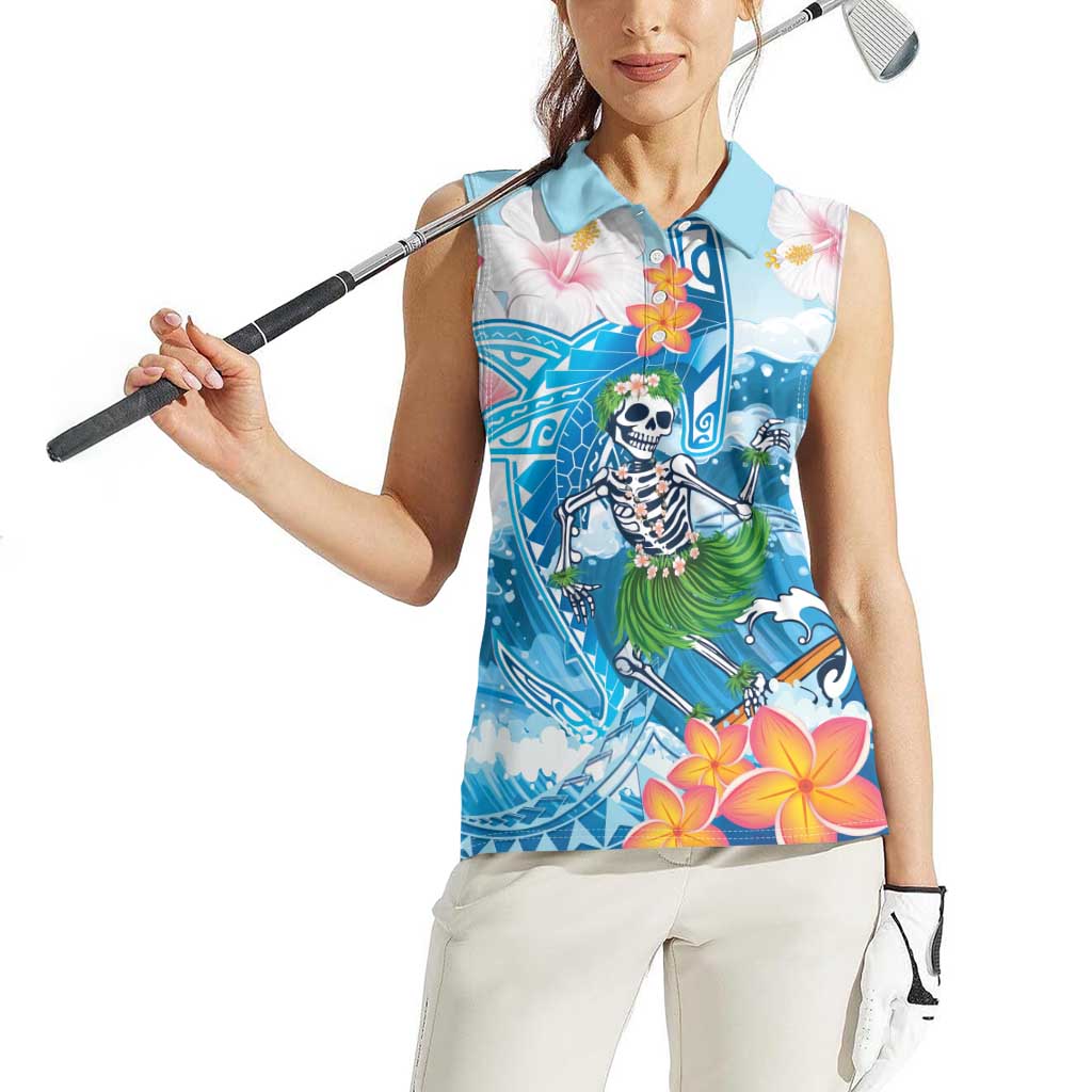 Personalized Hawaii Hula Girl Skeleton Dancing Women Sleeveless Polo Shirt Hibiscus Tribal Shark